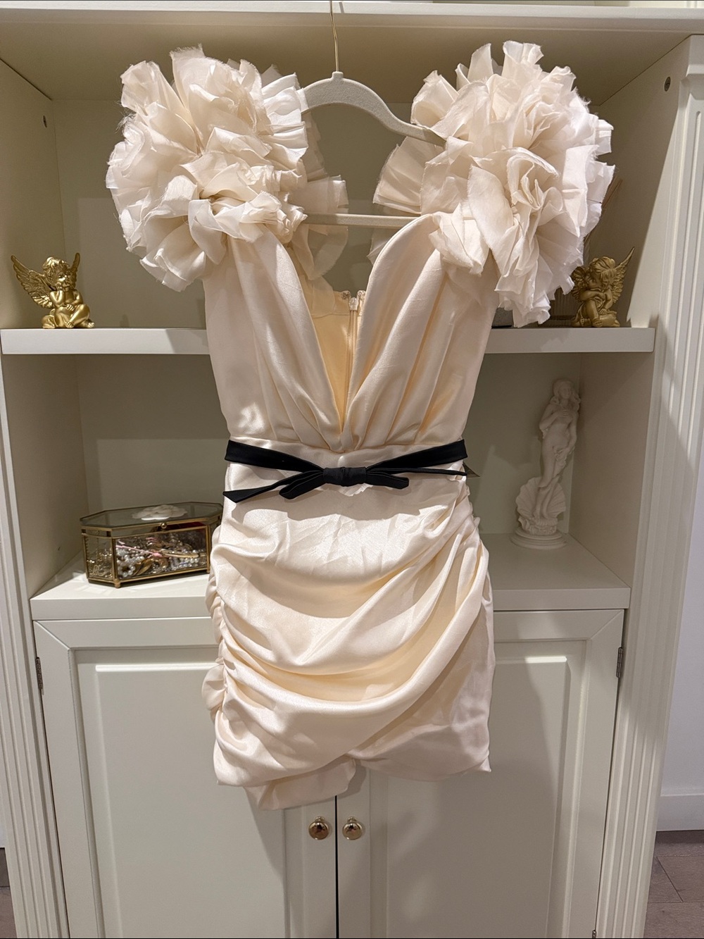 House of CB Ivory Ruffle-Shoulder Mini Dress with Black Waist Tie